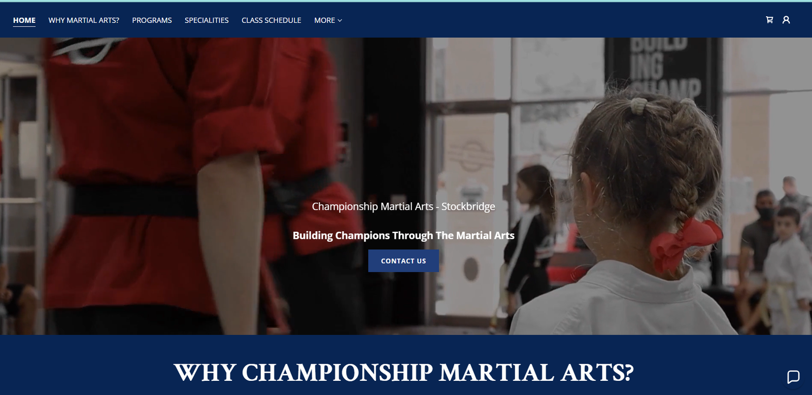 Original Championship Martial Arts Stockbridge homepage showing Building Champions Through The Martial Arts and Contact Us
